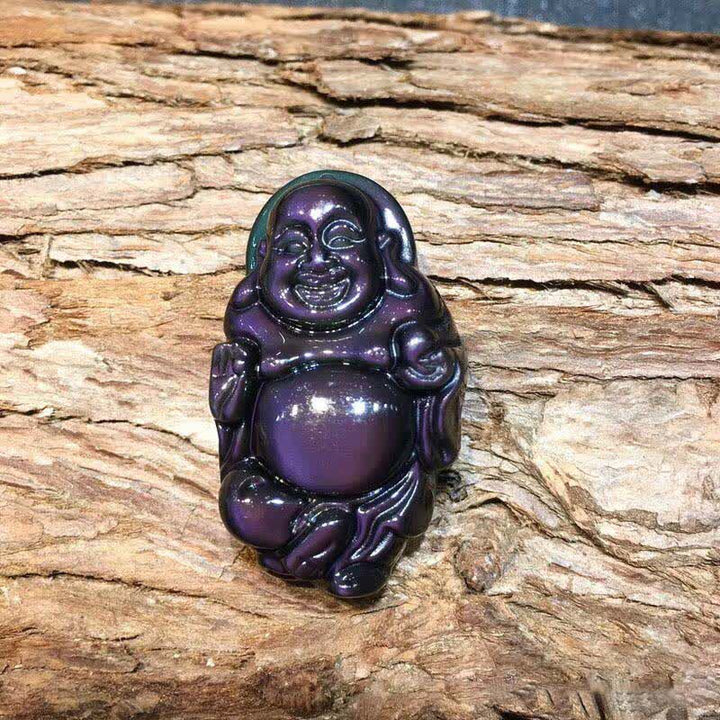 Collier pendentif Bouddha rieur en obsidienne arc-en-ciel naturelle pour la paix intérieure