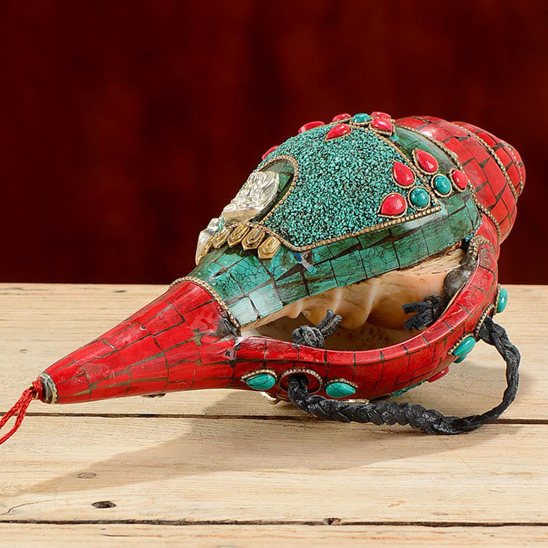 Tibétain fait à la main Shankha Om Mani Padme Hum bouddha Avalokitesvara coquille de conque Turquoise décoration positive - image 3