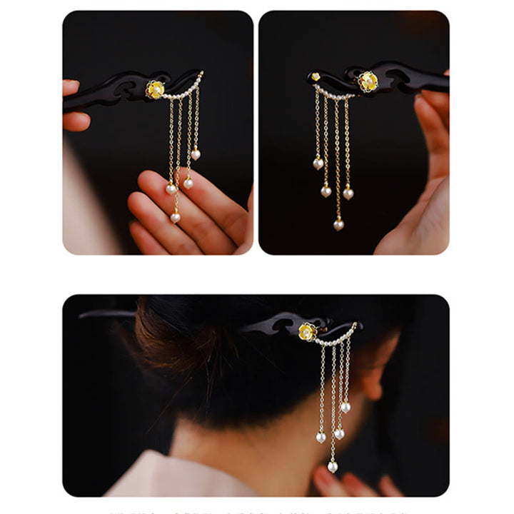 Épingle à cheveux en bois d'ébène avec Buddha Stones et fleurs jaunes et perles