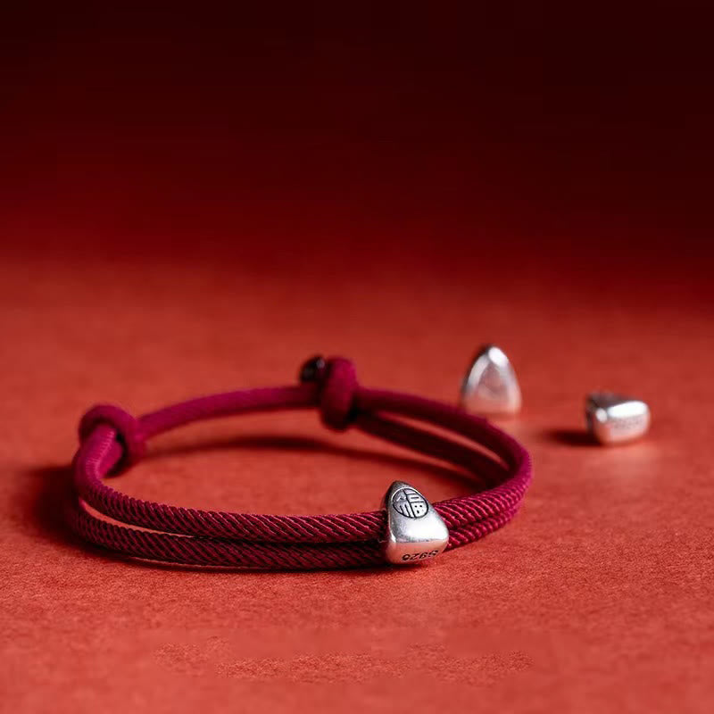 Bracelet tressé fait main en argent sterling 925 avec le personnage Fu et les Buddha Stones - Rouge foncé - image 0