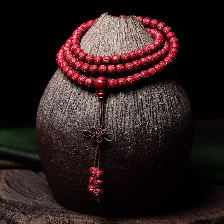 Bracelet de bénédiction gravé avec 108 Buddha Stones de Mala en cinabre et motif Om Mani Padme Hum - image 12