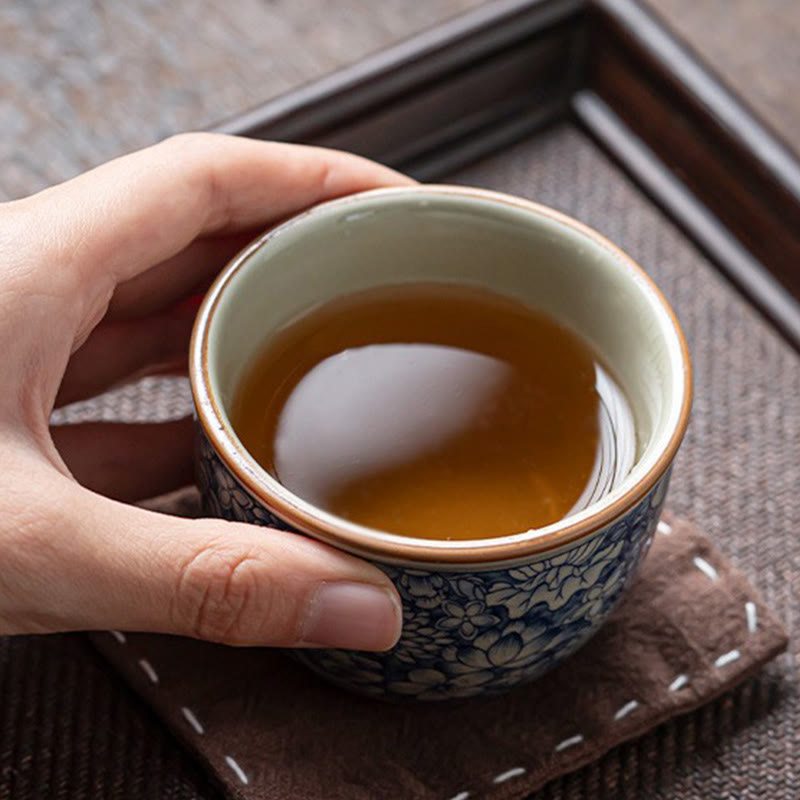 Tasse à thé en céramique motif Buddha Stones Lotus bleu Fleur de pêcher Chrysanthème Tasses à thé Kung Fu