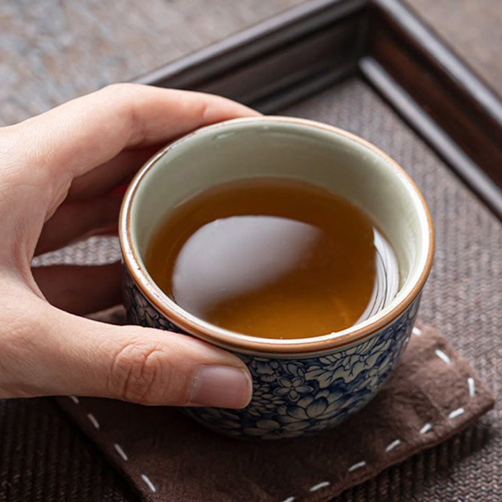 Tasse à thé en céramique motif Buddha Stones Lotus bleu Fleur de pêcher Chrysanthème Tasses à thé Kung Fu