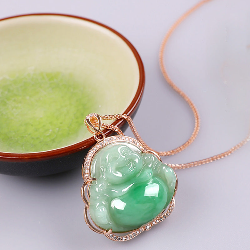 Collier avec pendentif en argent sterling 925 et jade naturel en forme de Bouddha rieur - image 2