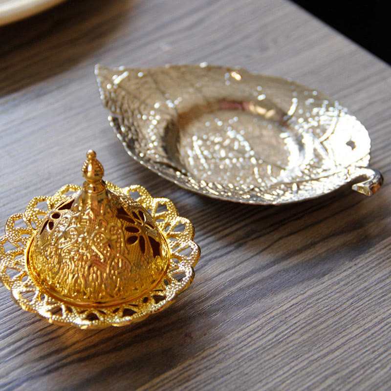 Brûleur d'encens de méditation en forme de mini-feuille d'or tibétain