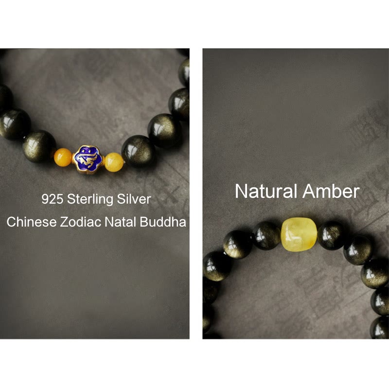 Bracelet de protection de richesse en obsidienne et ambre en argent sterling 925 avec Buddha Stones et zodiaque chinois