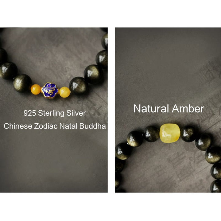 Bracelet de protection de richesse en obsidienne et ambre en argent sterling 925 avec Buddha Stones et zodiaque chinois