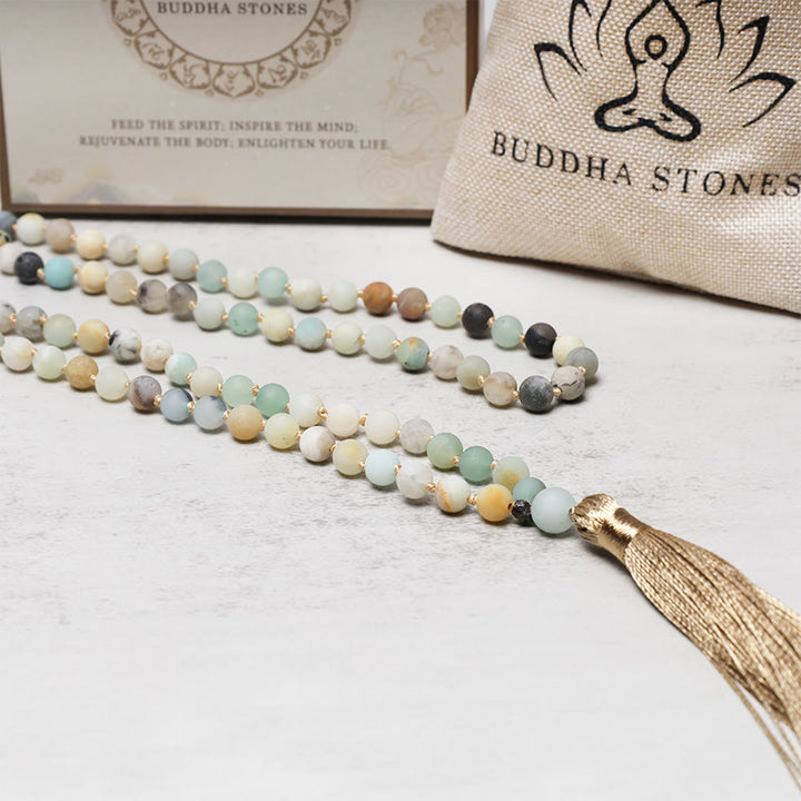 Bracelet Mala à pampilles en 108 perles d'amazonite de Buddha Stones