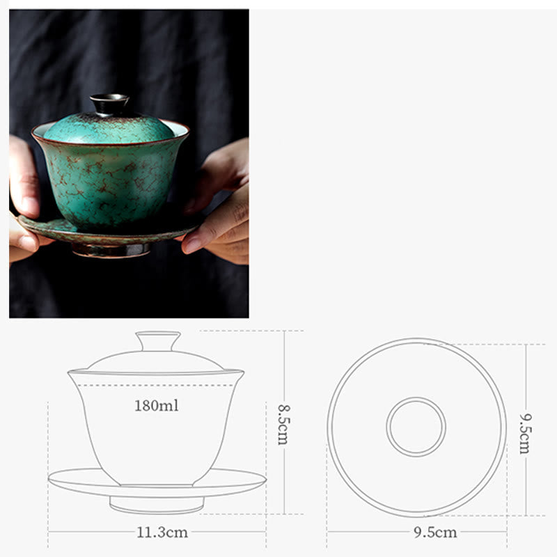 Tasse à thé et soucoupe en céramique émaillée verte rétro Buddha Stones Gaiwan Sancai Tasse à thé Kung Fu et soucoupe avec couvercle