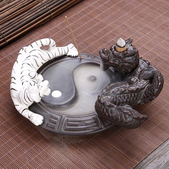 Fontaine à fumée à refoulement en Buddha Stones, tigre et dragon, en céramique, brûleur d'encens à bénédiction Yin Yang, décoration