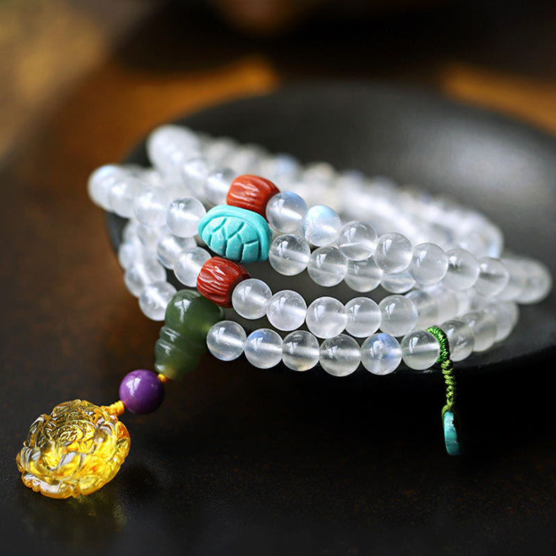 Bracelet de guérison en cristal de Buddha Stones : Mala, pierre de lune, ambre, lotus et turquoise. - image 1