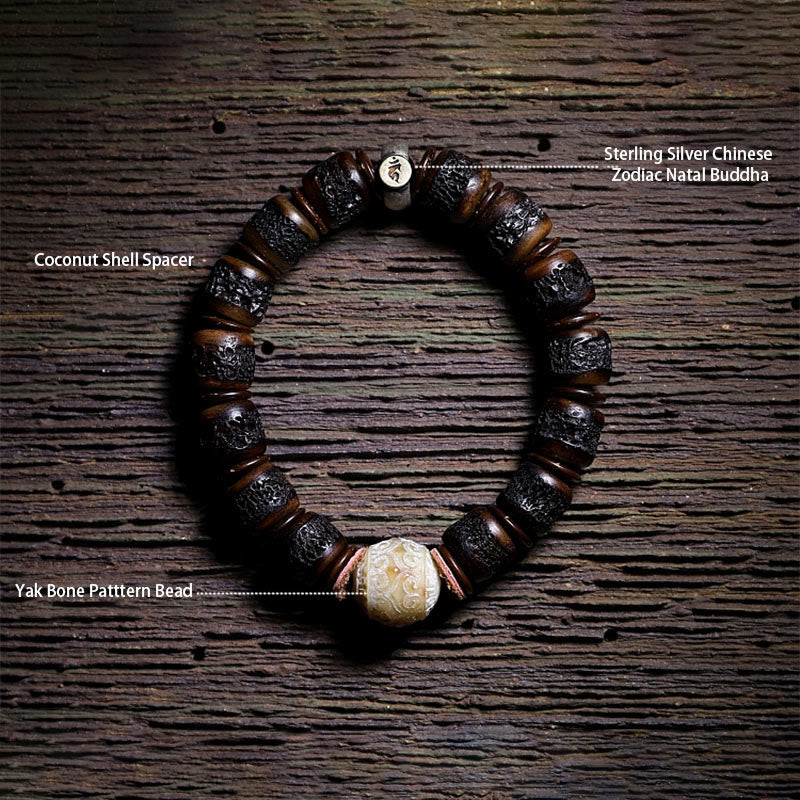 Bracelet de force en os de yak tibétain fait main en argent sterling 925 avec Buddha Stones et signe du zodiaque chinois