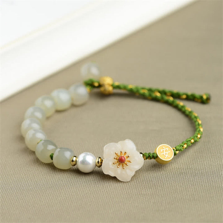 Bracelet porte-bonheur en argent sterling 925 avec jade naturel Hetian et fleur de pêcher
