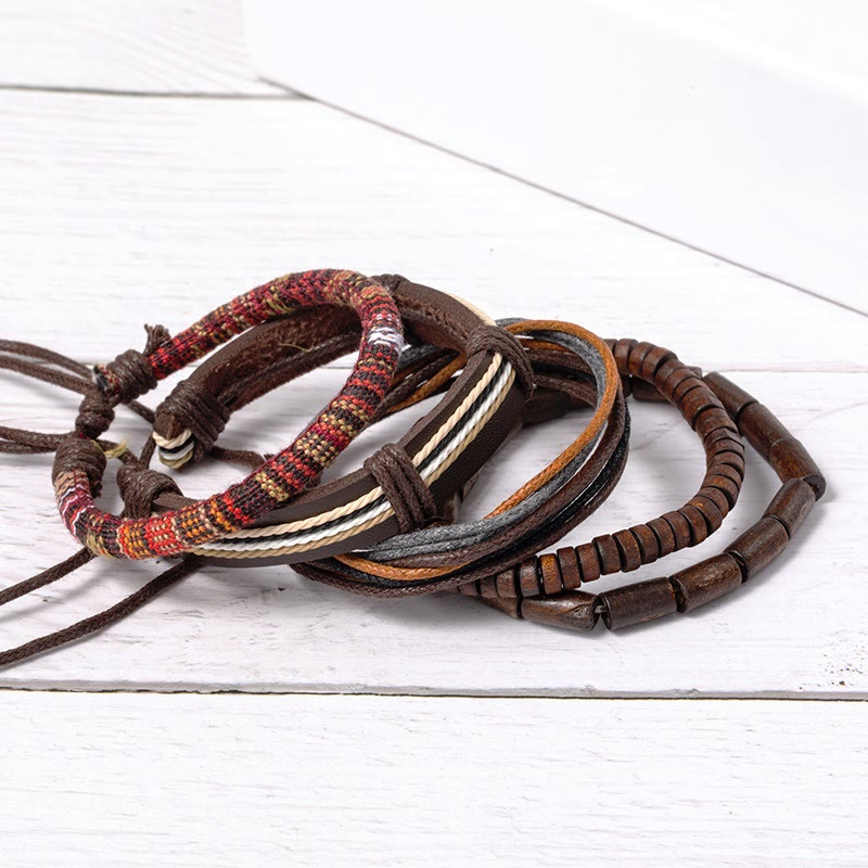 Bracelet en cuir avec cordons de chanvre et perles en bois enroulées de Buddha Stones