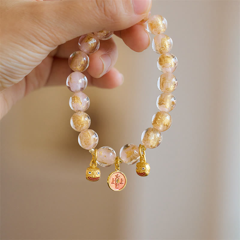 Bracelet porte-bonheur en perles de verre Liuli Buddha Stones et bête avaleuse d'or et pièce de cuivre