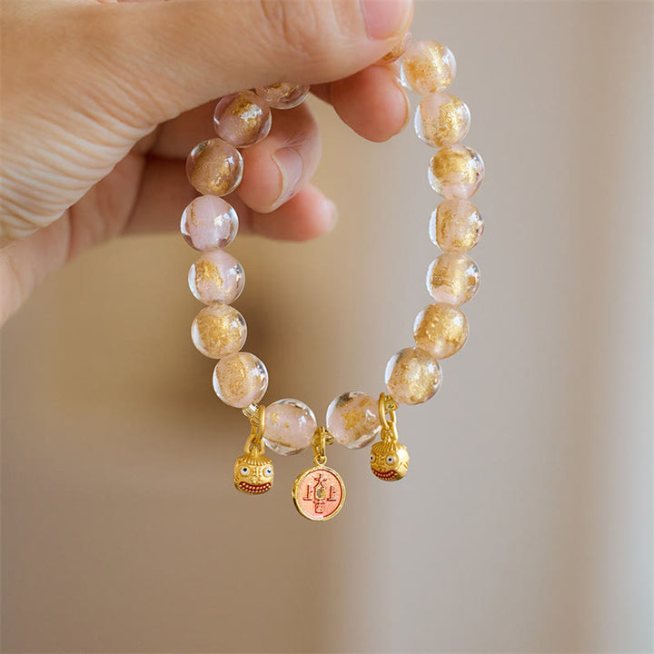 Bracelet porte-bonheur en perles de verre Liuli Buddha Stones et bête avaleuse d'or et pièce de cuivre
