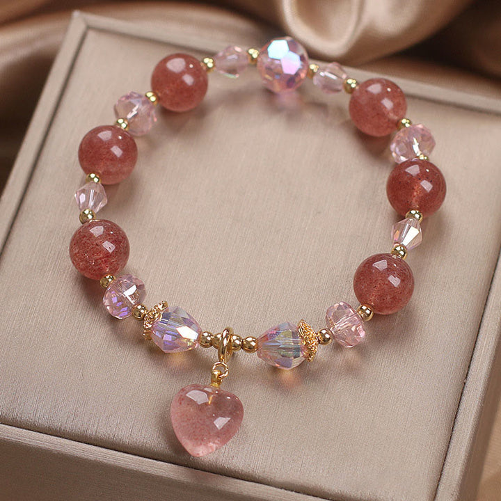 Bracelet de guérison positif en cristal de quartz fraise naturel Buddha Stones Love Heart