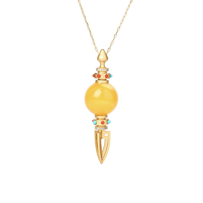 Collier pendentif anxiété clair Dorje Vajra en ambre plaqué or 24 carats