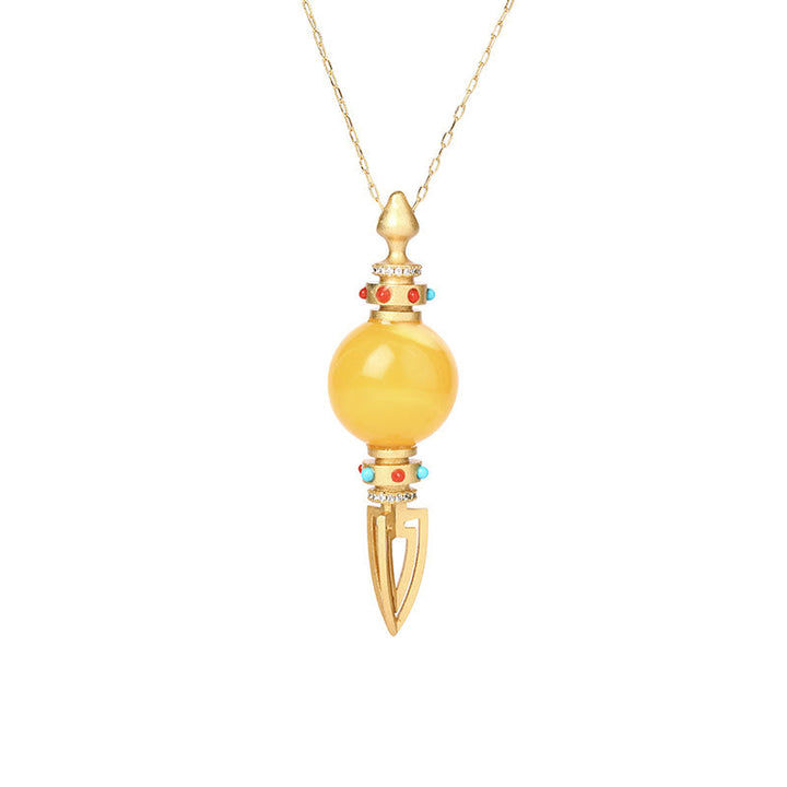 Collier pendentif anxiété clair Dorje Vajra en ambre plaqué or 24 carats
