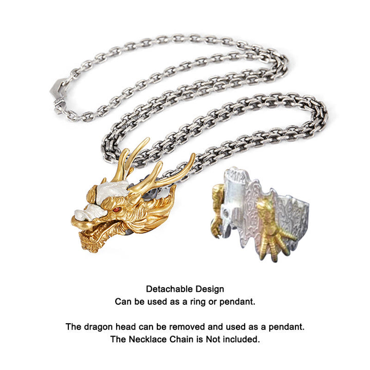 Pendentif bague réglable en argent sterling 925 Buddha Stones et dragon porte-bonheur et protection