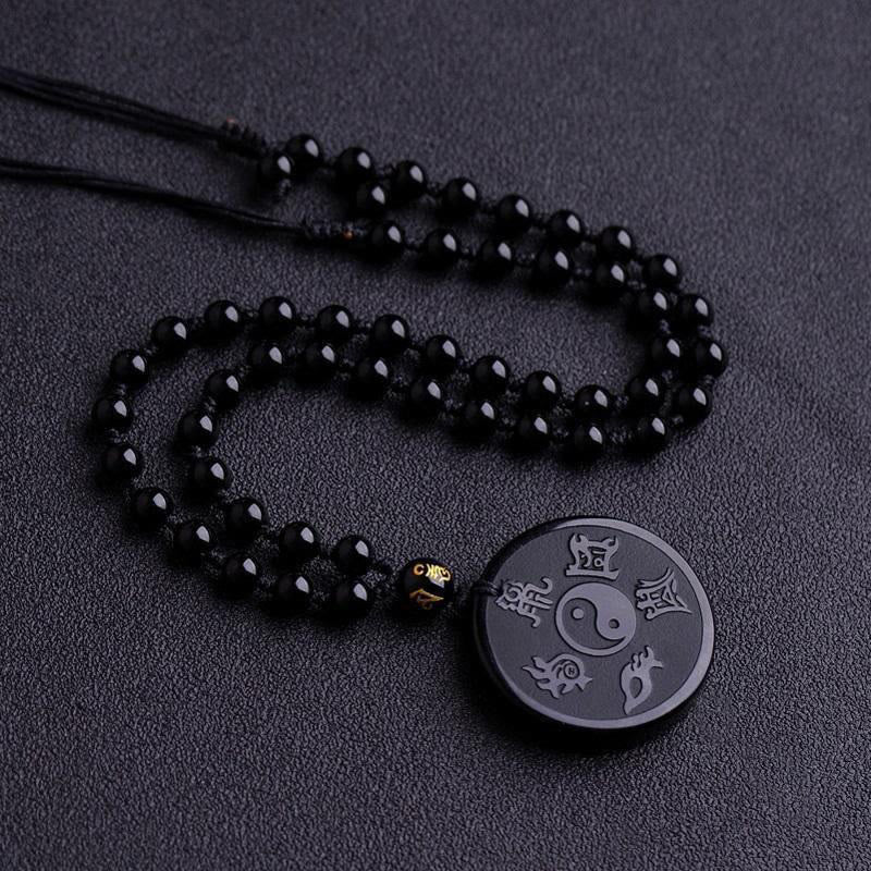 Buddha Stones Obsidienne Noire Naturelle Taoïsme Cinq Montagnes Sacrées Mantra à Neuf Caractères Sculpté Force Yin Yang Collier Pendentif Porte-clés - Chaîne en obsidienne noire et perles - image 5