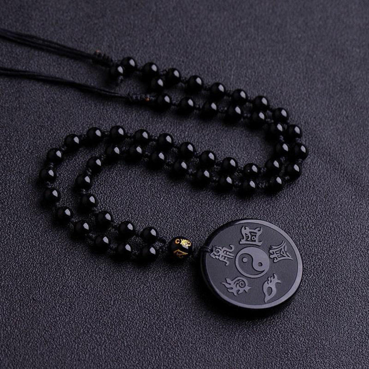 Buddha Stones Obsidienne Noire Naturelle Taoïsme Cinq Montagnes Sacrées Mantra à Neuf Caractères Sculpté Force Yin Yang Collier Pendentif Porte-clés - Chaîne en obsidienne noire et perles - image 5