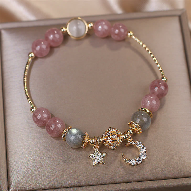 Bracelet d'amour en pierre de lune, étoile et lune en quartz fraise et Buddha Stones
