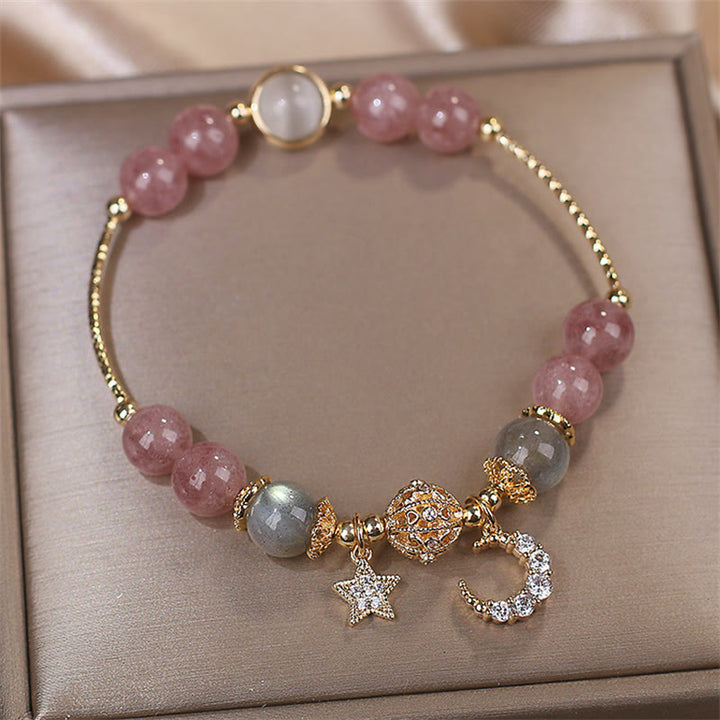 Bracelet d'amour en pierre de lune, étoile et lune en quartz fraise et Buddha Stones