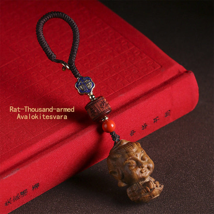 Porte-clés Bouddha du zodiaque chinois en bois de santal vert Om Mani Padme Hum Peace