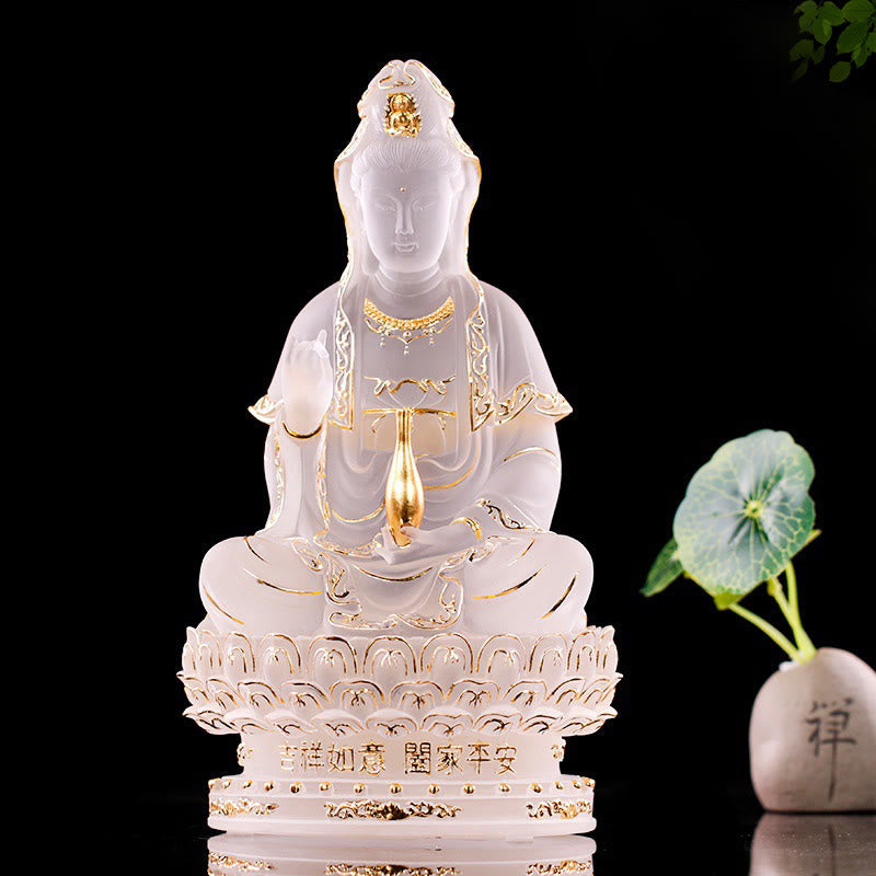 Buddha Stones Kwan Yin Avalokitesvara Figurine faite à la main Pièce d'art en cristal Liuli Statue de richesse Décoration d'offrande pour la maison - image 2