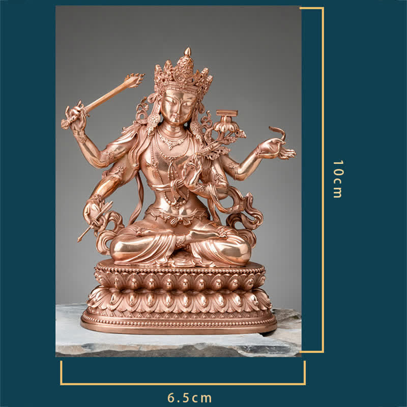 Figurine de Bodhisattva Manjusri à quatre bras Sérénité Statue en cuivre Décoration