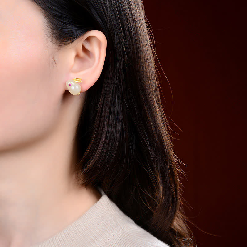 Boucles d'oreilles et collier porte-bonheur en jade Hetian en argent sterling 925 avec Buddha Stones Année du lapin