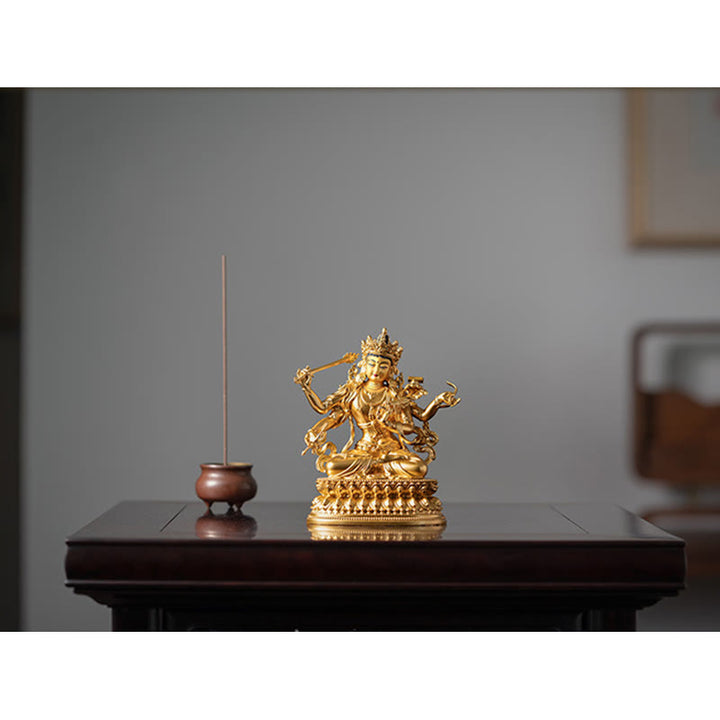 Figurine en or du Bodhisattva Manjusri à quatre bras, statue en cuivre de la compassion et de la sérénité, décoration de la maison