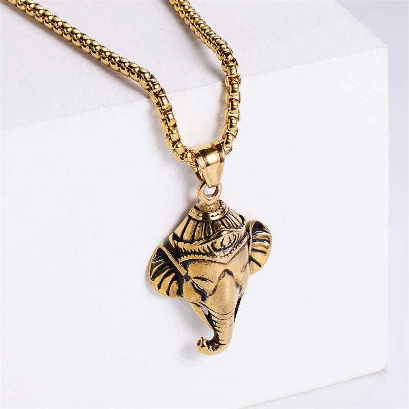 Collier pendentif de protection en acier titane éléphant Ganesh Ganpati - Or - image 1