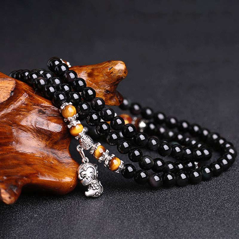 Bracelet Mala porte-bonheur en obsidienne noire et œil de tigre avec 108 perles du zodiaque chinois