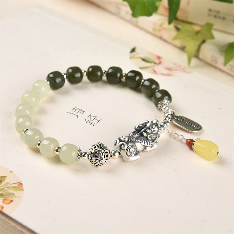Bracelet porte-bonheur PiXiu en argent sterling 925 et jade Hetian naturel avec Buddha Stones