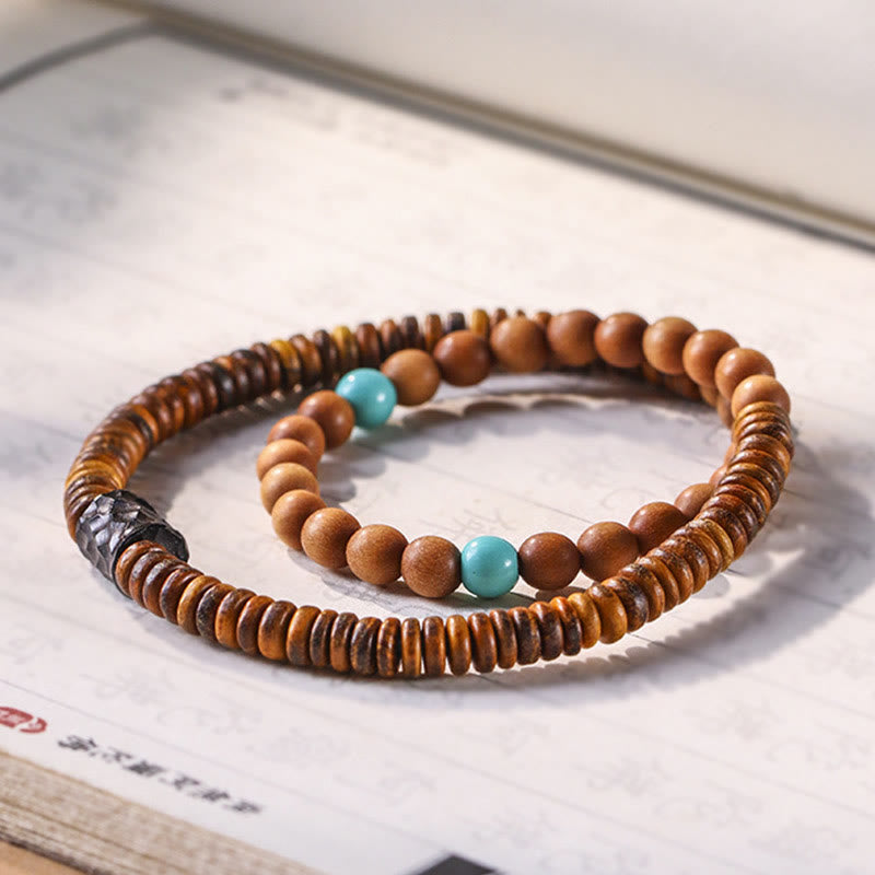 Bracelet double tour en bois de santal et turquoise, petites feuilles, Buddha Stones