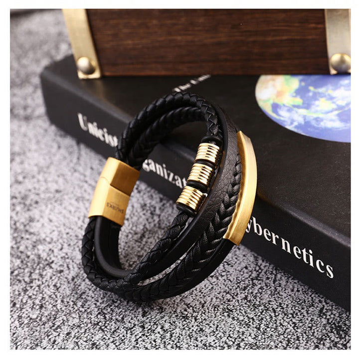 Bracelet en cuir multicouches avec boucle magnétique tressée en acier titane et Buddha Stones