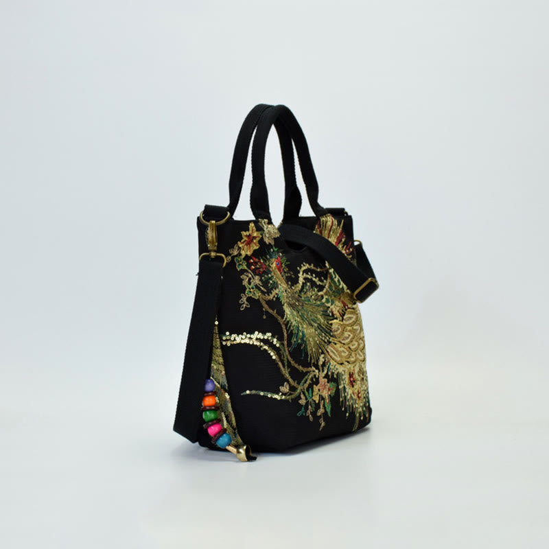 Sac fourre-tout brodé recto verso Buddha Stones Peacock Sac à bandoulière Sac à bandoulière