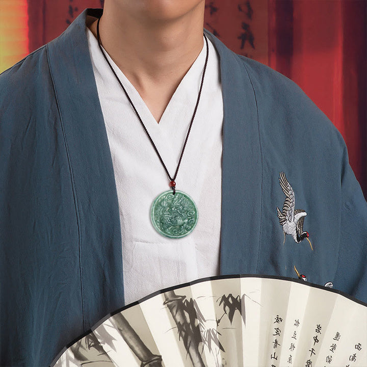 Collier pendentif en jade naturel Kirin Abondance avec Buddha Stones