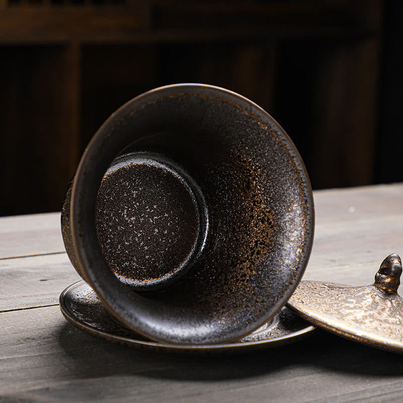 Tasse à thé et soucoupe en céramique émaillée rouille rétro Buddha Stones Gaiwan Sancai Tasse à thé Kung Fu avec couvercle