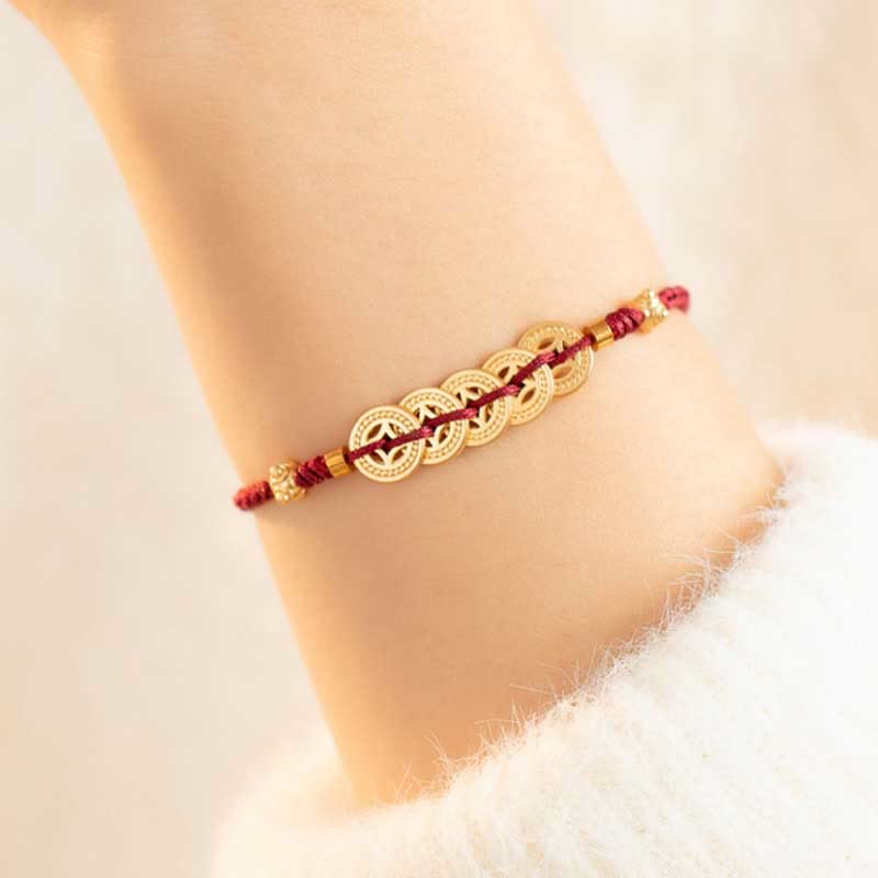Bracelet tressé en cuivre avec Buddha Stones et pièce de monnaie, arbre de la fortune, chance et force