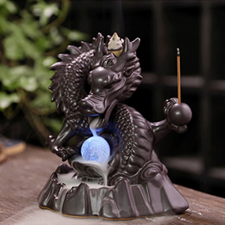 Fontaine à fumée à reflux en céramique avec Buddha Stones et dragon de bon augure, brûleur d'encens de guérison et de méditation, boule à LED décorative