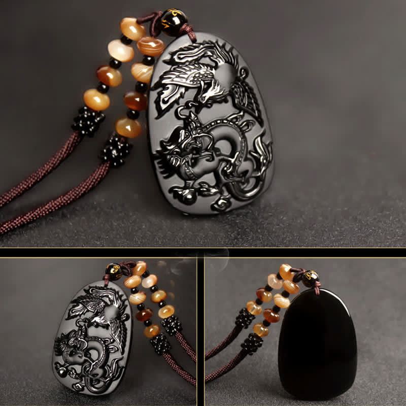 Collier avec pendentif en perles de protection en obsidienne noire œil de tigre dragon phénix - image 5
