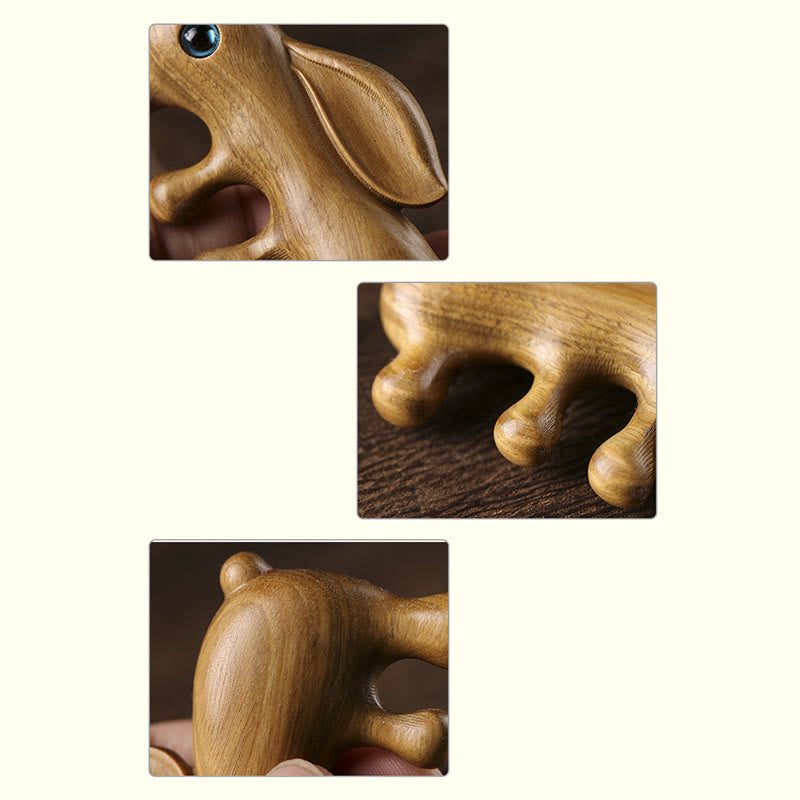 Peigne de massage relaxant en forme de lapin en bois de santal rouge et vert à petites feuilles