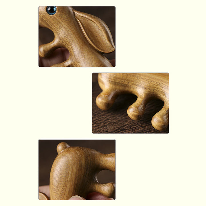 Peigne de massage relaxant en forme de lapin en bois de santal rouge et vert à petites feuilles
