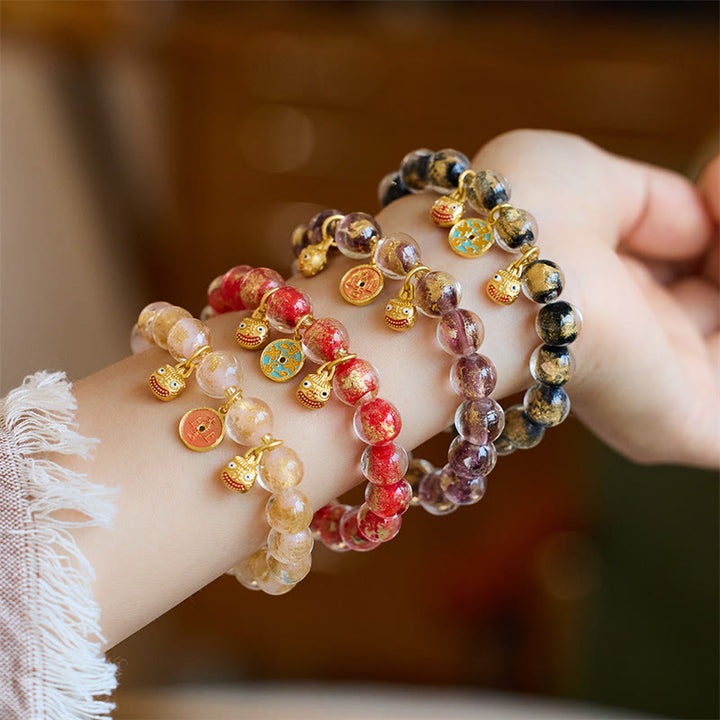Bracelet porte-bonheur en perles de verre Liuli Buddha Stones et bête avaleuse d'or et pièce de cuivre