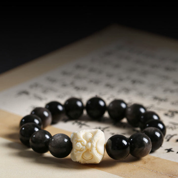 Bracelet de protection en obsidienne argentée et brillante de Buddha Stones , graine de Bodhi, ivoire, fruit, lion dansant