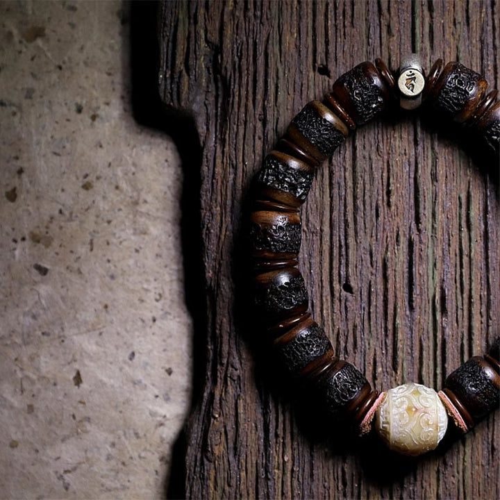 Bracelet de force en os de yak tibétain fait main en argent sterling 925 avec Buddha Stones et signe du zodiaque chinois