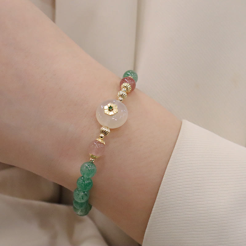 Bracelet de gratitude en Buddha Stones en quartz fraise vert naturel et calcédoine